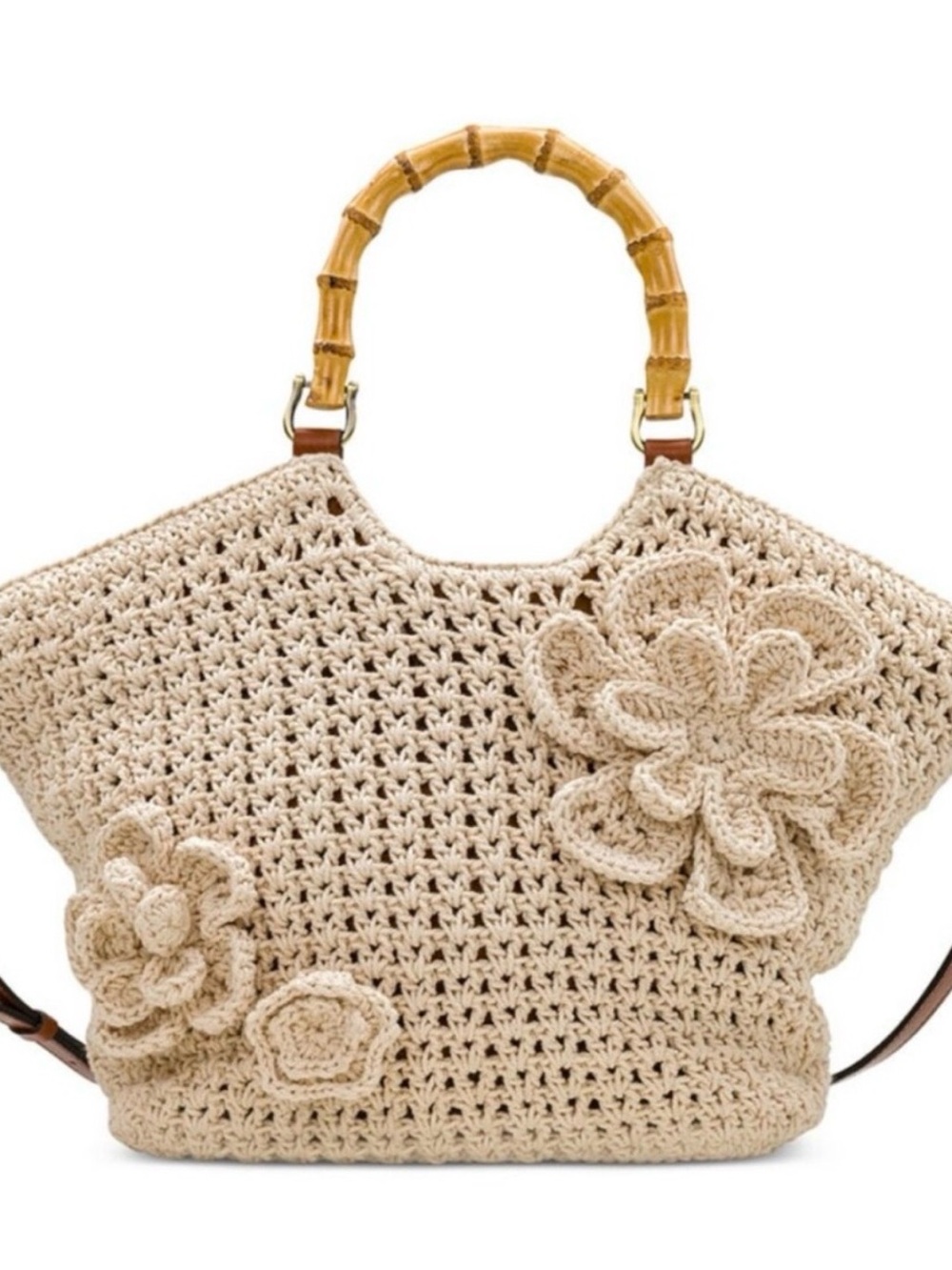 Patricia Nash Straw Crochet Floral Tote Bag with Bamboo Handles Natural